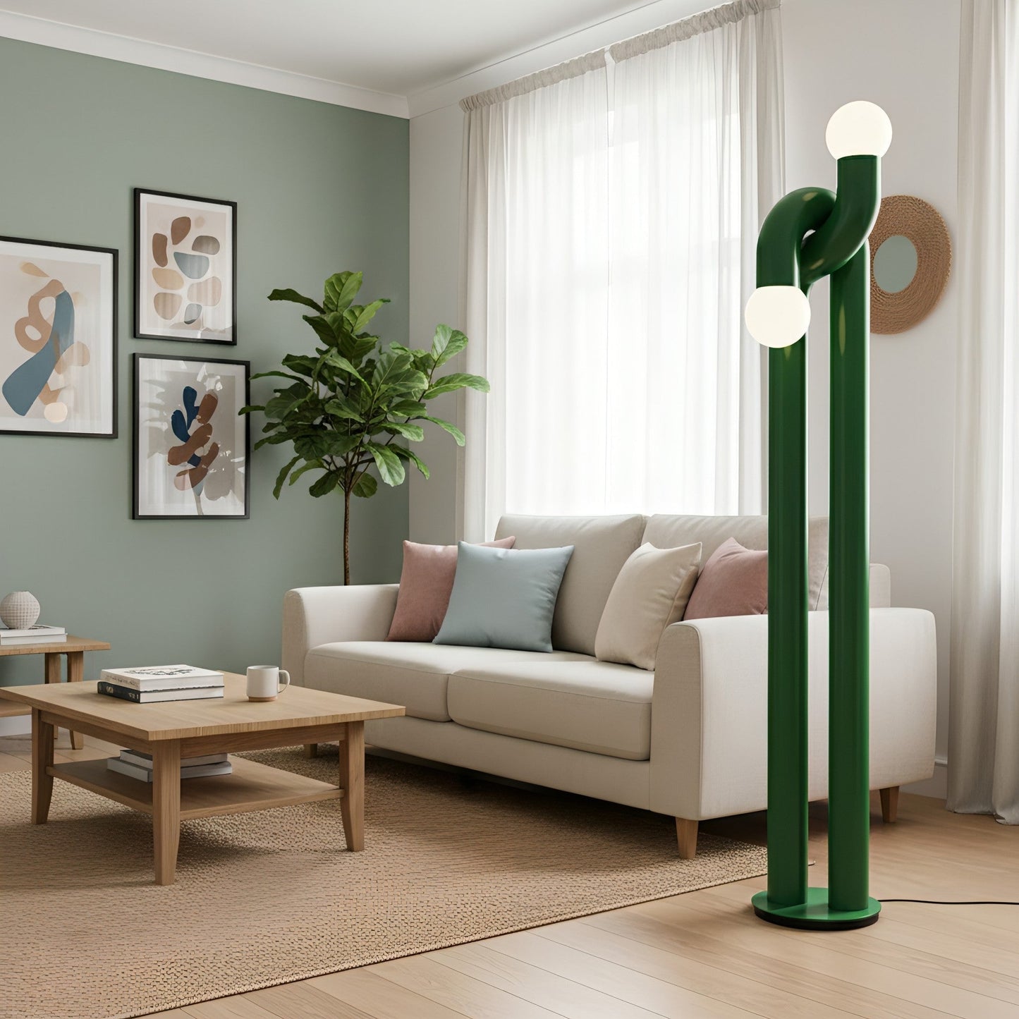 Moderne Staande Boogvorm Lamp met Twee Glazen Bollen – Decoratieve Dubbele Verlichting voor Woonkamer