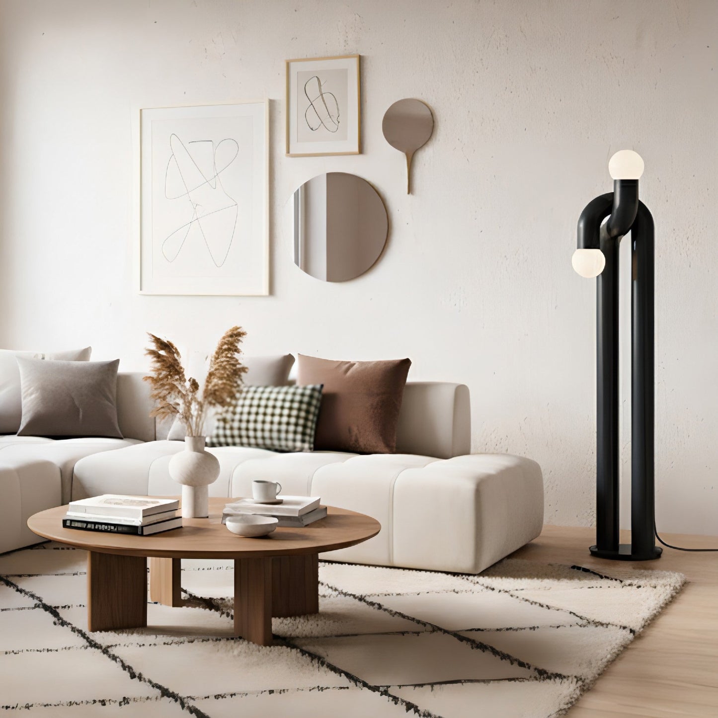 Moderne Staande Boogvorm Lamp met Twee Glazen Bollen – Decoratieve Dubbele Verlichting voor Woonkamer