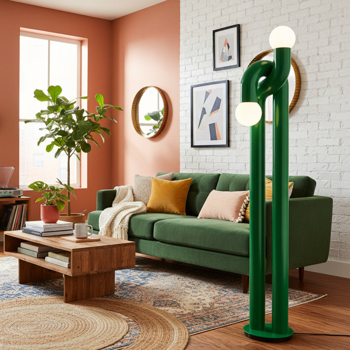 Moderne Staande Boogvorm Lamp met Twee Glazen Bollen – Decoratieve Dubbele Verlichting voor Woonkamer