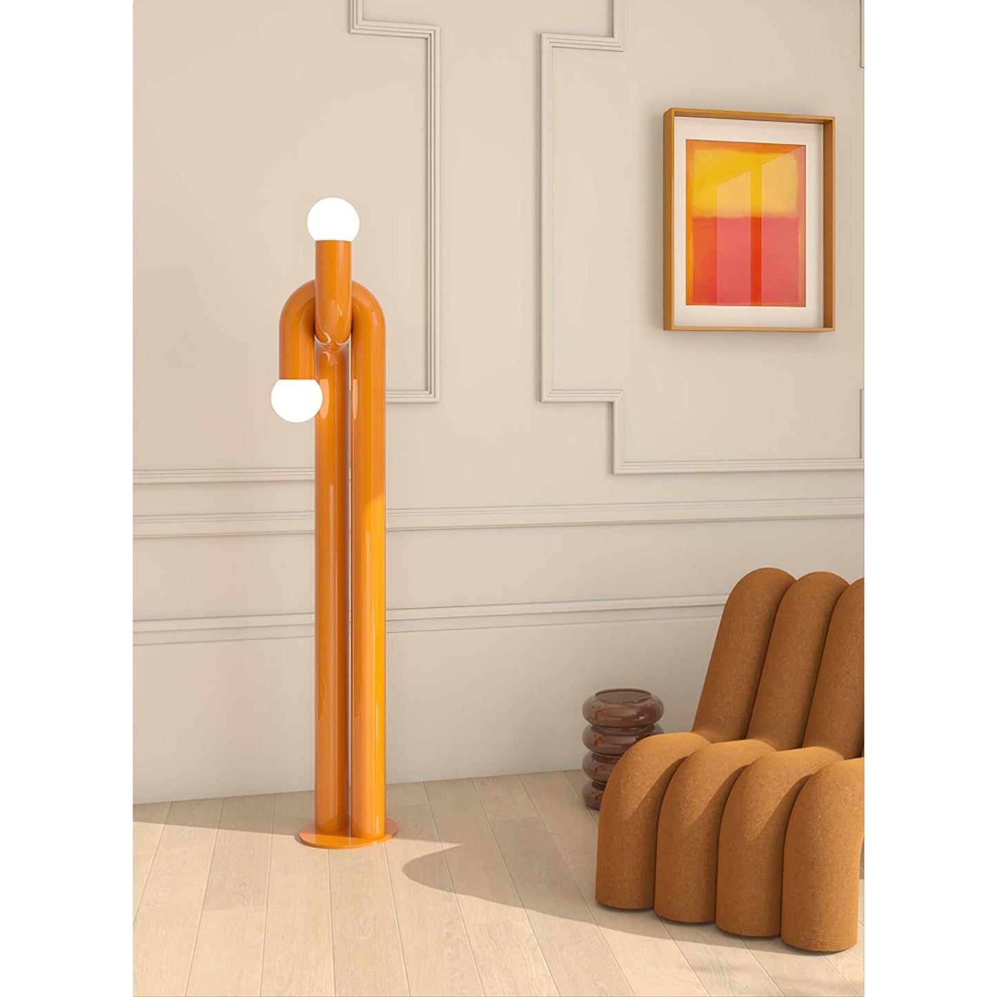 Moderne Staande Boogvorm Lamp met Twee Glazen Bollen – Decoratieve Dubbele Verlichting voor Woonkamer