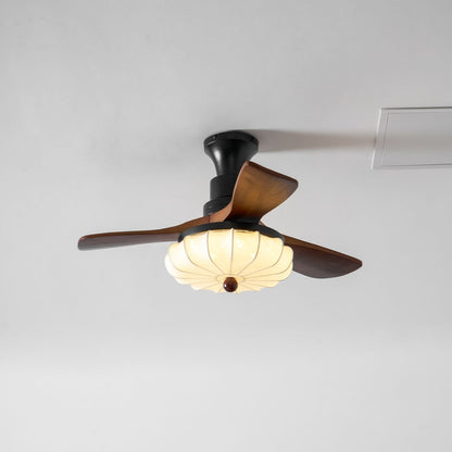 Plafondventilator met Verlichting – DC-Motor – Lotus-Dessin Katoenen Kap – Walnoothouten Bladen – Regelbaar & Omkeerbaar