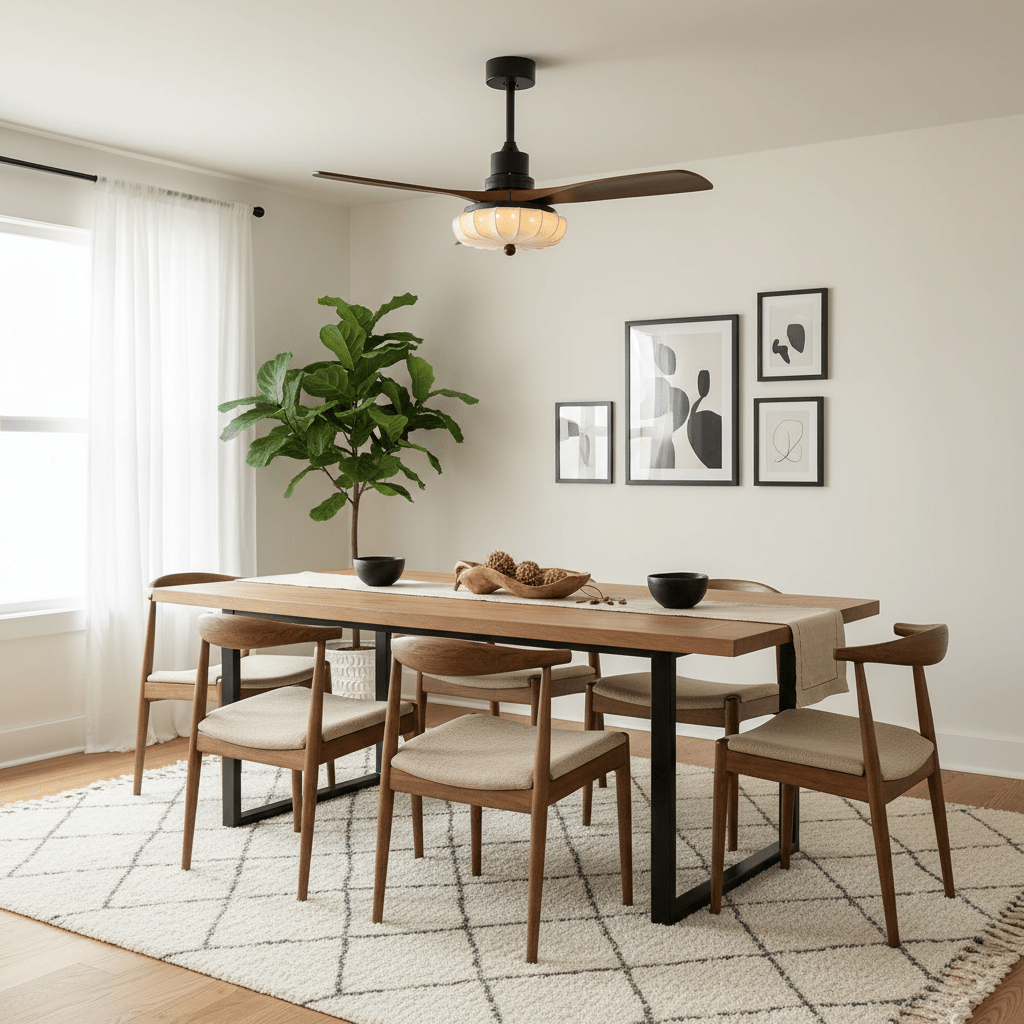 Plafondventilator met Verlichting – DC-Motor – Lotus-Dessin Katoenen Kap – Walnoothouten Bladen – Regelbaar & Omkeerbaar