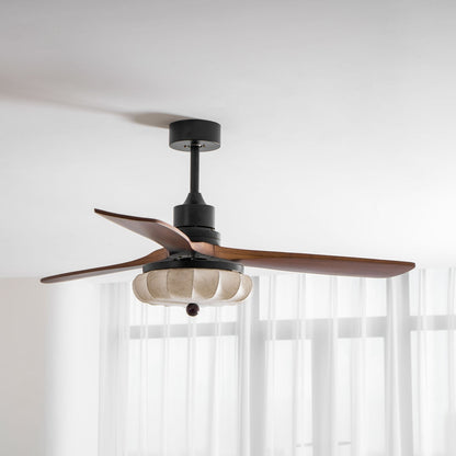 Plafondventilator met Verlichting – DC-Motor – Lotus-Dessin Katoenen Kap – Walnoothouten Bladen – Regelbaar & Omkeerbaar