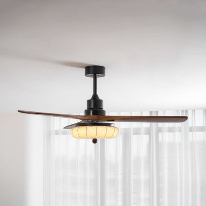 Plafondventilator met Verlichting – DC-Motor – Lotus-Dessin Katoenen Kap – Walnoothouten Bladen – Regelbaar & Omkeerbaar