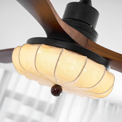 Plafondventilator met Verlichting – DC-Motor – Lotus-Dessin Katoenen Kap – Walnoothouten Bladen – Regelbaar & Omkeerbaar