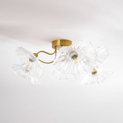 Glazen Plafondlamp met Bladmotief – 3, 5 of 6 Lichtpunten – Gouden Armatuur met Helder of Roze Matglas