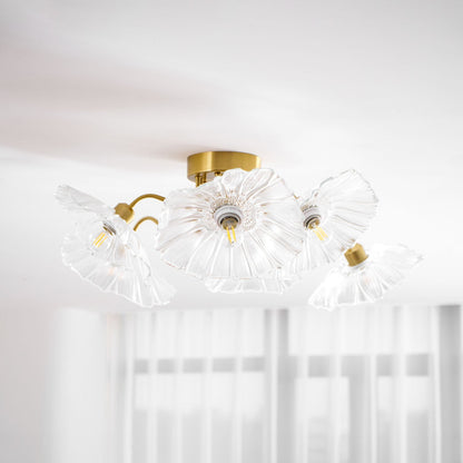 Glazen Plafondlamp met Bladmotief – 3, 5 of 6 Lichtpunten – Gouden Armatuur met Helder of Roze Matglas