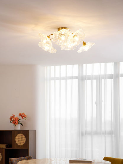 Glazen Plafondlamp met Bladmotief – 3, 5 of 6 Lichtpunten – Gouden Armatuur met Helder of Roze Matglas