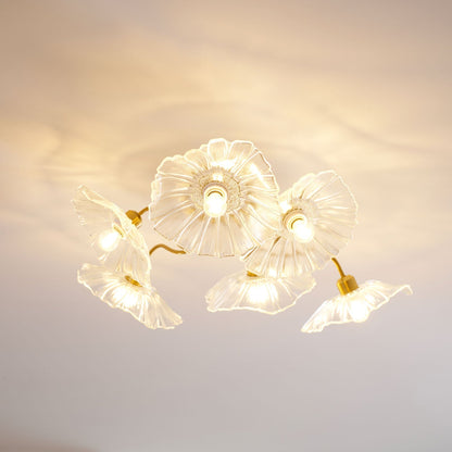 Glazen Plafondlamp met Bladmotief – 3, 5 of 6 Lichtpunten – Gouden Armatuur met Helder of Roze Matglas