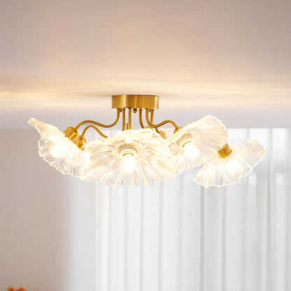 Glazen Plafondlamp met Bladmotief – 3, 5 of 6 Lichtpunten – Gouden Armatuur met Helder of Roze Matglas