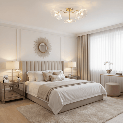 Glazen Plafondlamp met Bladmotief – 3, 5 of 6 Lichtpunten – Gouden Armatuur met Helder of Roze Matglas