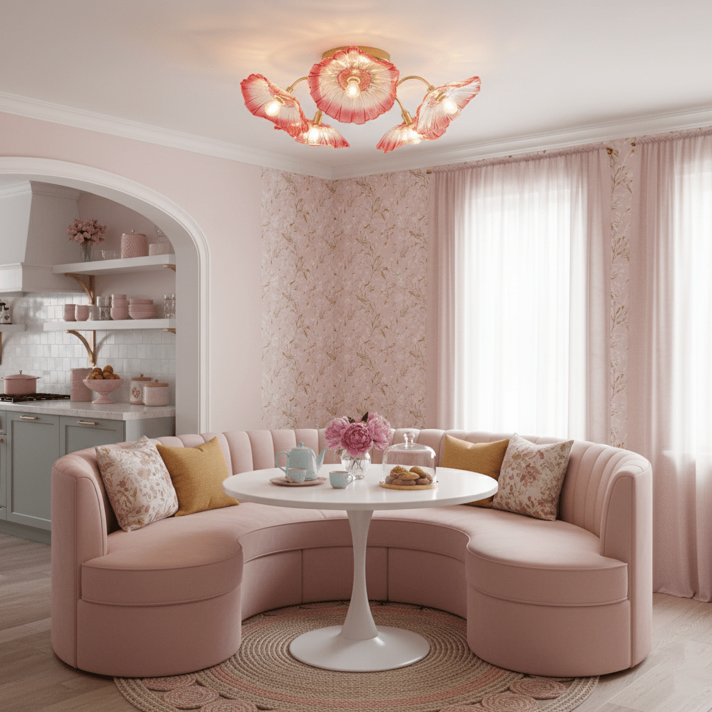 Glazen Plafondlamp met Bladmotief – 3, 5 of 6 Lichtpunten – Gouden Armatuur met Helder of Roze Matglas