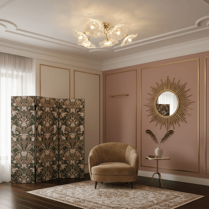 Glazen Plafondlamp met Bladmotief – 3, 5 of 6 Lichtpunten – Gouden Armatuur met Helder of Roze Matglas