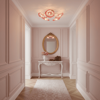 Glazen Plafondlamp met Bladmotief – 3, 5 of 6 Lichtpunten – Gouden Armatuur met Helder of Roze Matglas