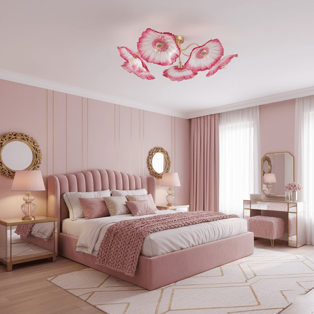 Glazen Plafondlamp met Bladmotief – 3, 5 of 6 Lichtpunten – Gouden Armatuur met Helder of Roze Matglas