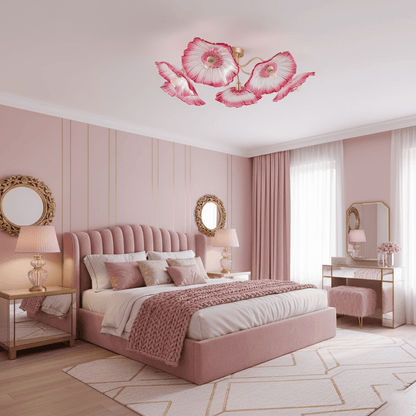 Glazen Plafondlamp met Bladmotief – 3, 5 of 6 Lichtpunten – Gouden Armatuur met Helder of Roze Matglas