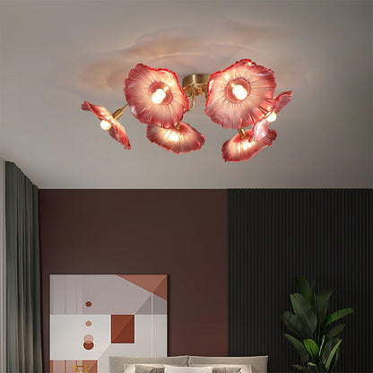 Glazen Plafondlamp met Bladmotief – 3, 5 of 6 Lichtpunten – Gouden Armatuur met Helder of Roze Matglas