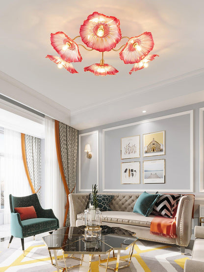 Glazen Plafondlamp met Bladmotief – 3, 5 of 6 Lichtpunten – Gouden Armatuur met Helder of Roze Matglas