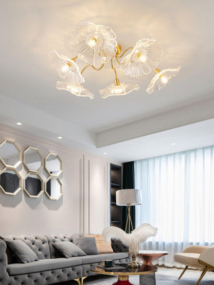 Glazen Plafondlamp met Bladmotief – 3, 5 of 6 Lichtpunten – Gouden Armatuur met Helder of Roze Matglas