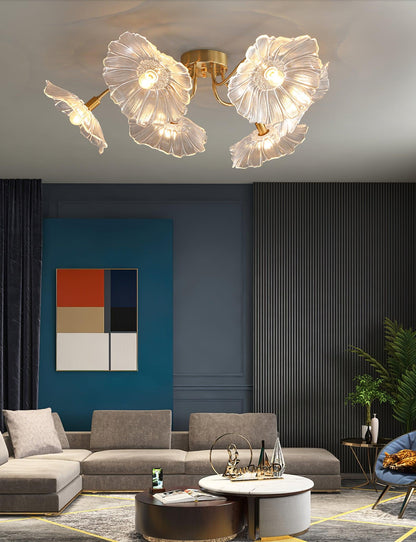 Glazen Plafondlamp met Bladmotief – 3, 5 of 6 Lichtpunten – Gouden Armatuur met Helder of Roze Matglas