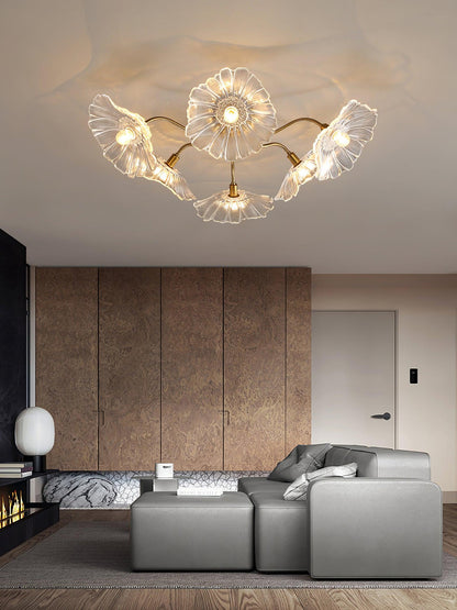 Glazen Plafondlamp met Bladmotief – 3, 5 of 6 Lichtpunten – Gouden Armatuur met Helder of Roze Matglas