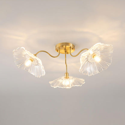 Glazen Plafondlamp met Bladmotief – 3, 5 of 6 Lichtpunten – Gouden Armatuur met Helder of Roze Matglas