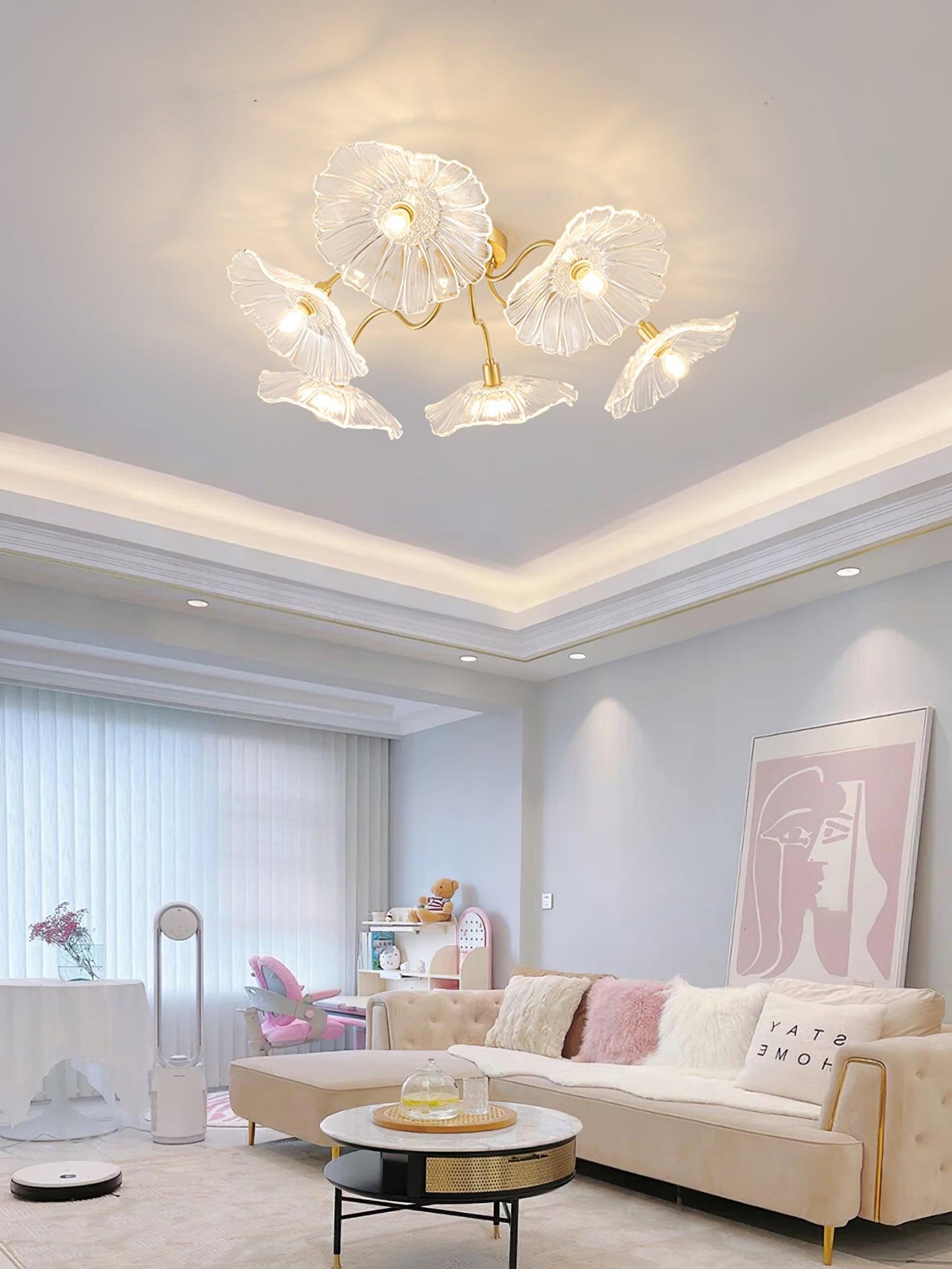 Glazen Plafondlamp met Bladmotief – 3, 5 of 6 Lichtpunten – Gouden Armatuur met Helder of Roze Matglas