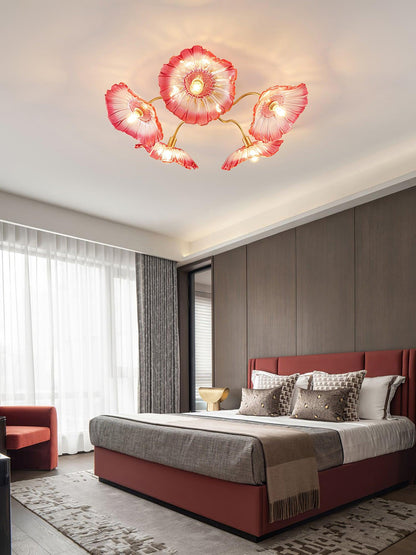 Glazen Plafondlamp met Bladmotief – 3, 5 of 6 Lichtpunten – Gouden Armatuur met Helder of Roze Matglas