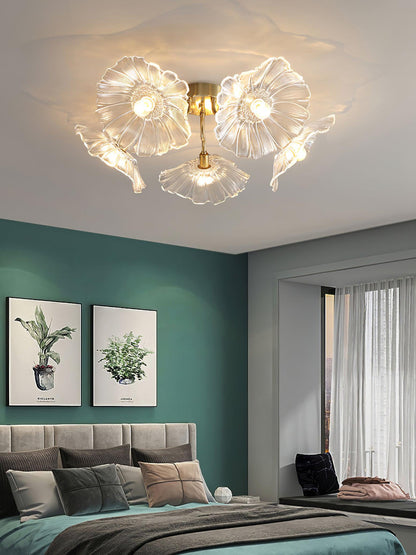 Glazen Plafondlamp met Bladmotief – 3, 5 of 6 Lichtpunten – Gouden Armatuur met Helder of Roze Matglas