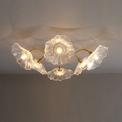 Glazen Plafondlamp met Bladmotief – 3, 5 of 6 Lichtpunten – Gouden Armatuur met Helder of Roze Matglas