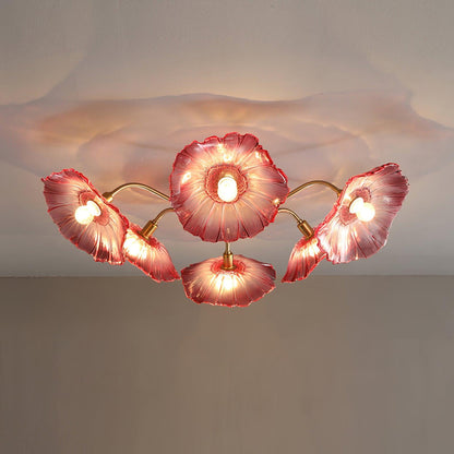 Glazen Plafondlamp met Bladmotief – 3, 5 of 6 Lichtpunten – Gouden Armatuur met Helder of Roze Matglas
