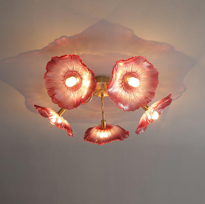 Glazen Plafondlamp met Bladmotief – 3, 5 of 6 Lichtpunten – Gouden Armatuur met Helder of Roze Matglas