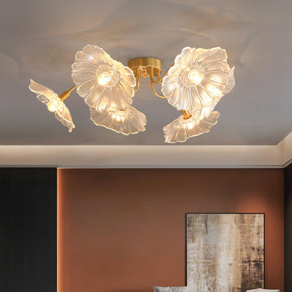 Glazen Plafondlamp met Bladmotief – 3, 5 of 6 Lichtpunten – Gouden Armatuur met Helder of Roze Matglas