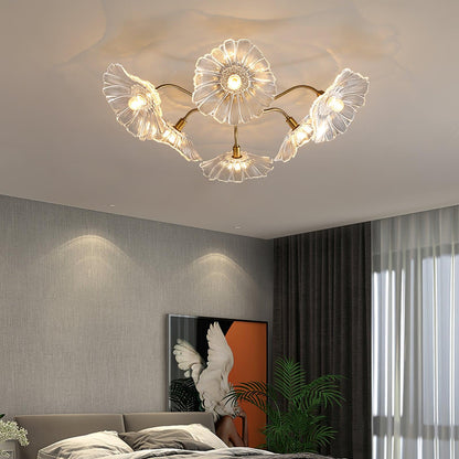Glazen Plafondlamp met Bladmotief – 3, 5 of 6 Lichtpunten – Gouden Armatuur met Helder of Roze Matglas