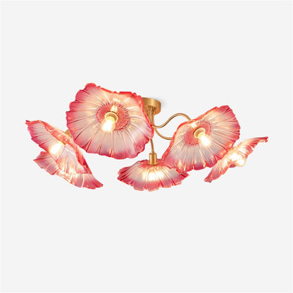 Glazen Plafondlamp met Bladmotief – 3, 5 of 6 Lichtpunten – Gouden Armatuur met Helder of Roze Matglas