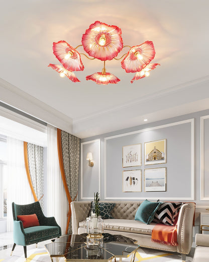 Glazen Plafondlamp met Bladmotief – 3, 5 of 6 Lichtpunten – Gouden Armatuur met Helder of Roze Matglas