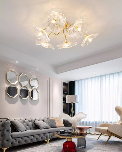 Glazen Plafondlamp met Bladmotief – 3, 5 of 6 Lichtpunten – Gouden Armatuur met Helder of Roze Matglas