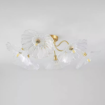 Glazen Plafondlamp met Bladmotief – 3, 5 of 6 Lichtpunten – Gouden Armatuur met Helder of Roze Matglas