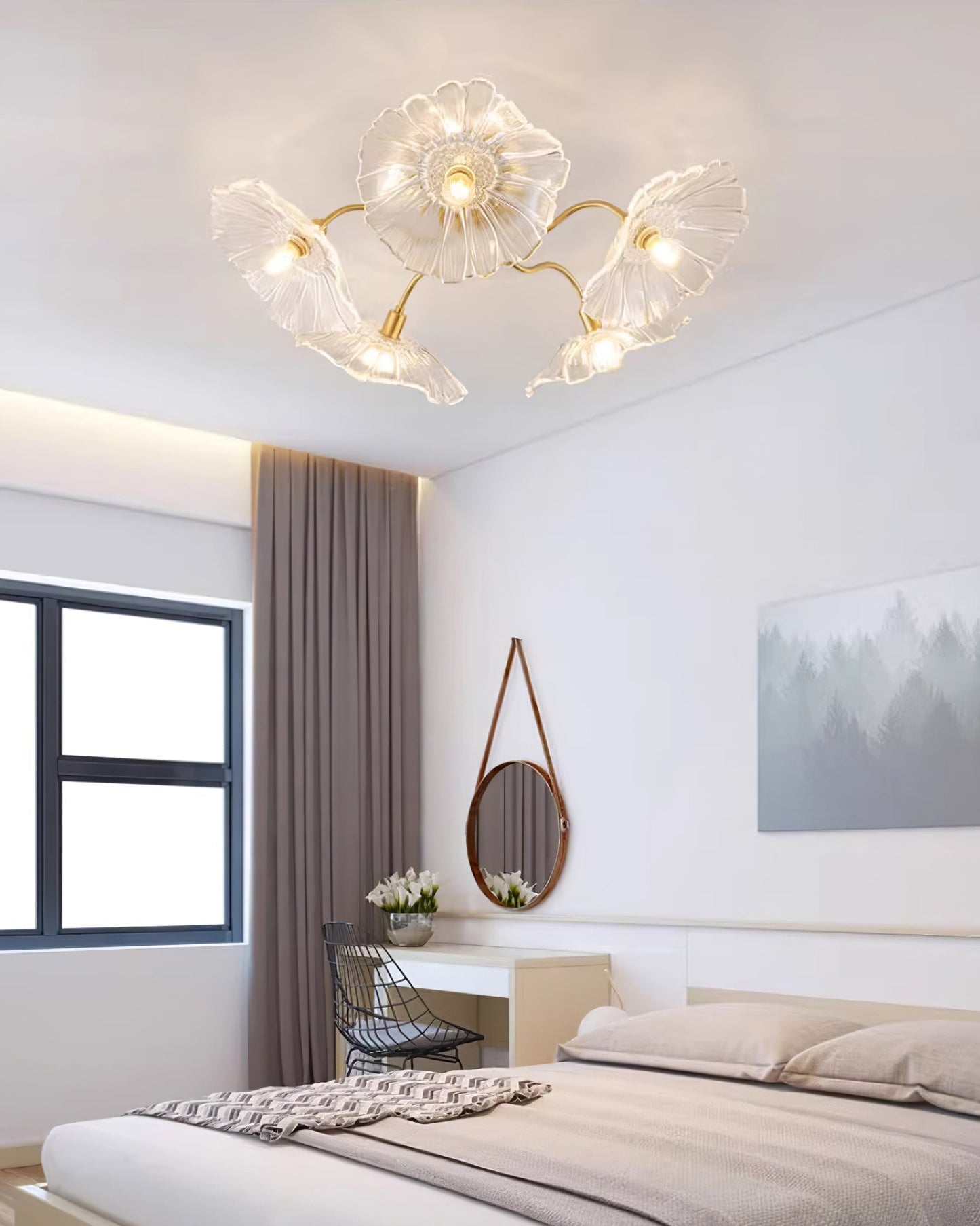 Glazen Plafondlamp met Bladmotief – 3, 5 of 6 Lichtpunten – Gouden Armatuur met Helder of Roze Matglas