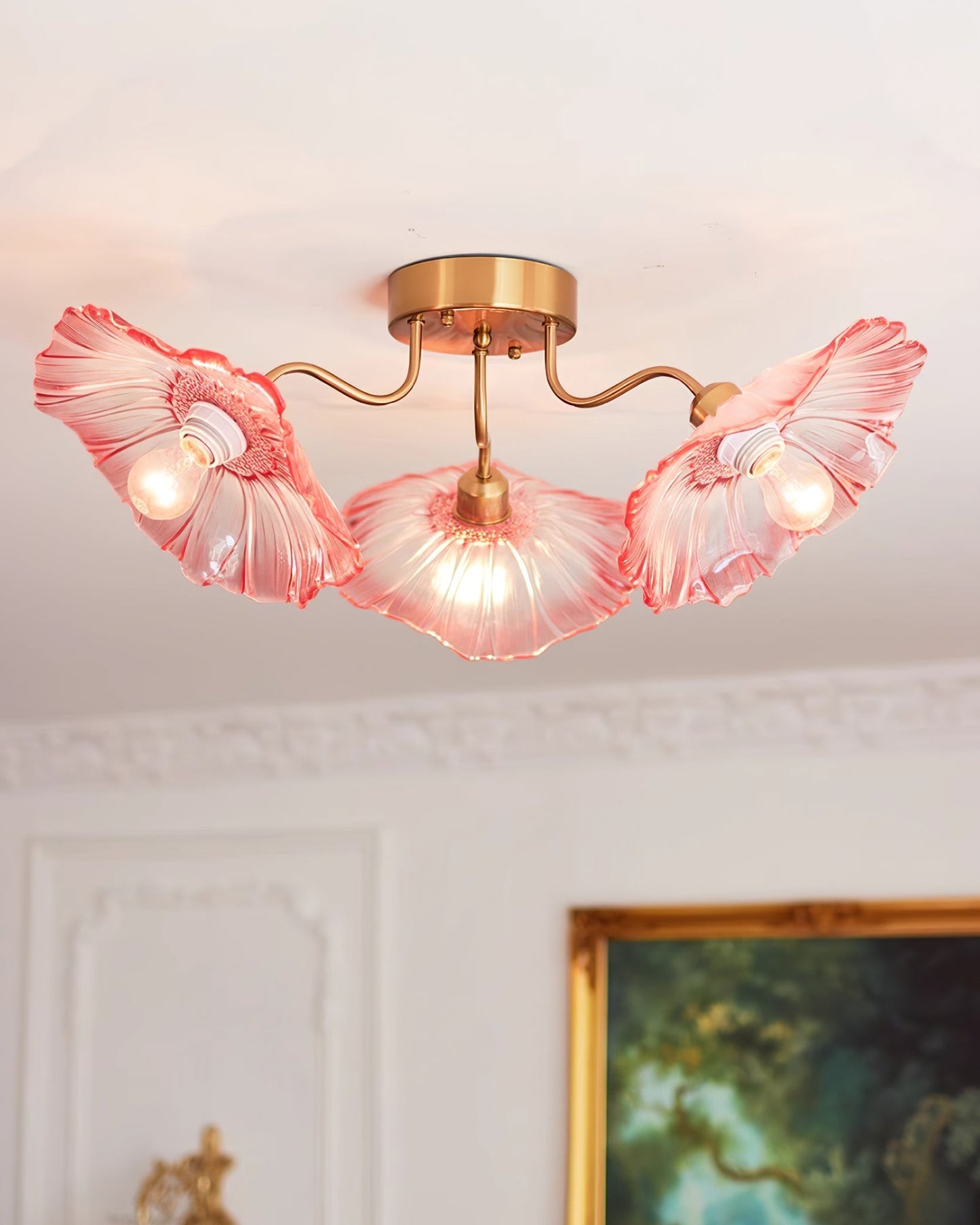 Glazen Plafondlamp met Bladmotief – 3, 5 of 6 Lichtpunten – Gouden Armatuur met Helder of Roze Matglas
