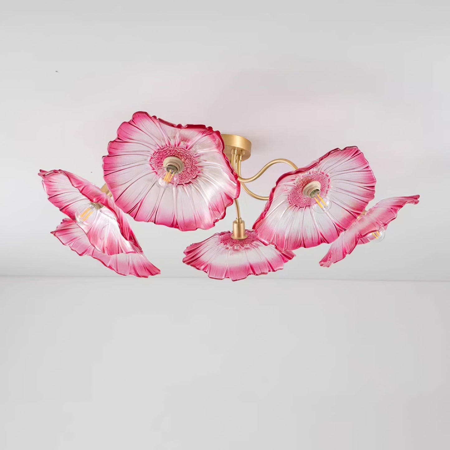 Glazen Plafondlamp met Bladmotief – 3, 5 of 6 Lichtpunten – Gouden Armatuur met Helder of Roze Matglas