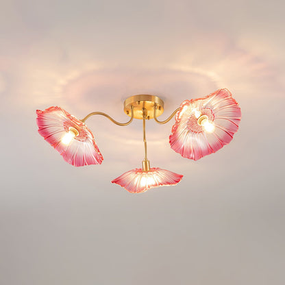 Glazen Plafondlamp met Bladmotief – 3, 5 of 6 Lichtpunten – Gouden Armatuur met Helder of Roze Matglas