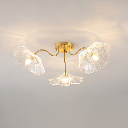 Glazen Plafondlamp met Bladmotief – 3, 5 of 6 Lichtpunten – Gouden Armatuur met Helder of Roze Matglas
