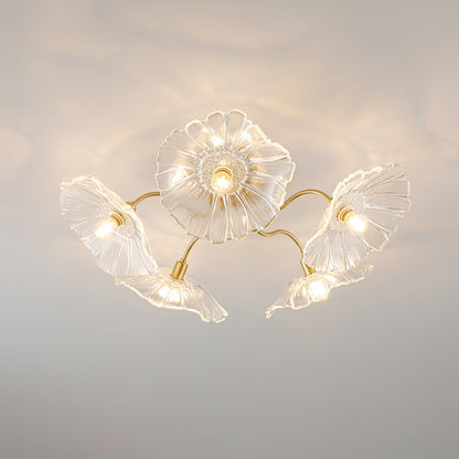 Glazen Plafondlamp met Bladmotief – 3, 5 of 6 Lichtpunten – Gouden Armatuur met Helder of Roze Matglas