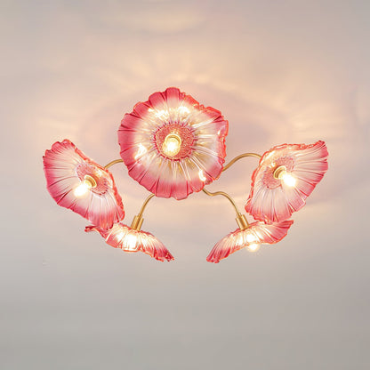 Glazen Plafondlamp met Bladmotief – 3, 5 of 6 Lichtpunten – Gouden Armatuur met Helder of Roze Matglas