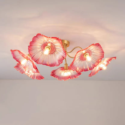 Glazen Plafondlamp met Bladmotief – 3, 5 of 6 Lichtpunten – Gouden Armatuur met Helder of Roze Matglas