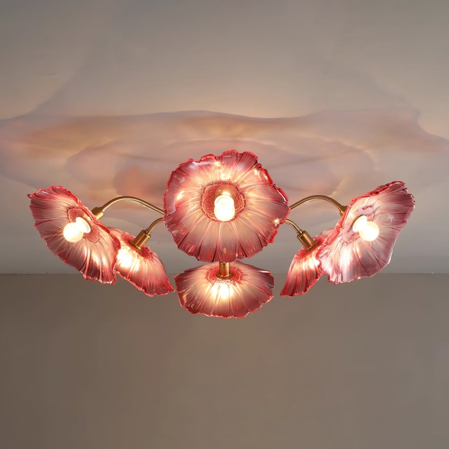 Glazen Plafondlamp met Bladmotief – 3, 5 of 6 Lichtpunten – Gouden Armatuur met Helder of Roze Matglas