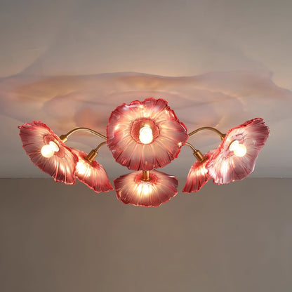Glazen Plafondlamp met Bladmotief – 3, 5 of 6 Lichtpunten – Gouden Armatuur met Helder of Roze Matglas