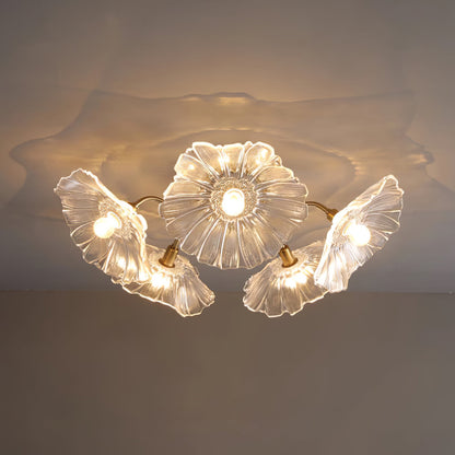Glazen Plafondlamp met Bladmotief – 3, 5 of 6 Lichtpunten – Gouden Armatuur met Helder of Roze Matglas
