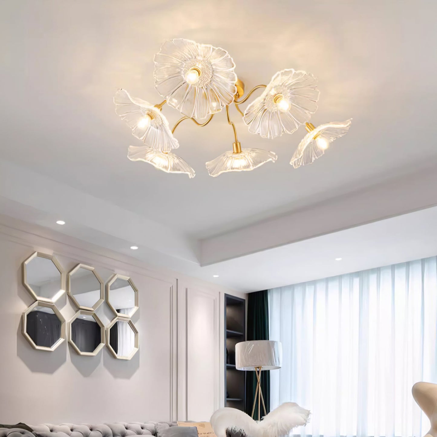 Glazen Plafondlamp met Bladmotief – 3, 5 of 6 Lichtpunten – Gouden Armatuur met Helder of Roze Matglas